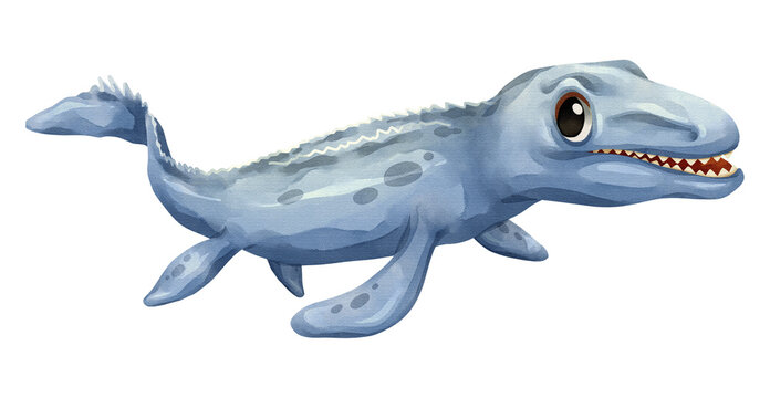 Watercolor mosasaurus marine reptile isolated PNG illustration, featuring a cute hand-drawn blue prehistoric aquatic dinosaur cartoon character on transparent background for digital design and craft