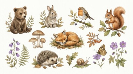 Fototapeta premium Watercolor Woodland Animals and Forest Flora Collection with Bear, Fox, Rabbit, and Hedgehog Illustrations.