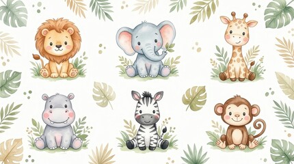Fototapeta premium Cute Watercolor Baby Safari Animals Set with Lion Elephant Giraffe Hippo Zebra and Monkey for Nursery Decor