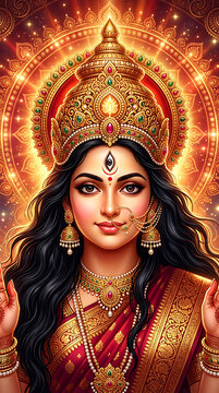 Divine goddess durga portrait with radiant golden ornate jewelry and crown