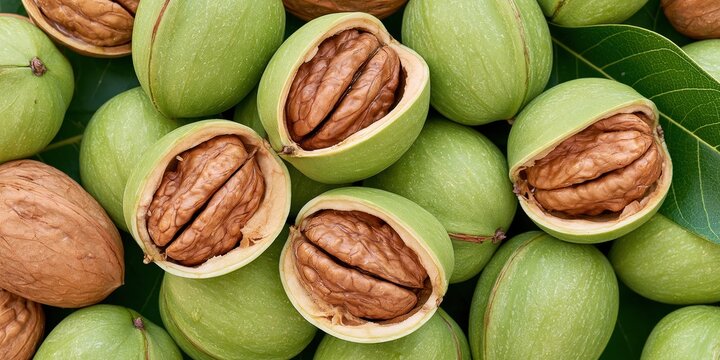 Fresh green walnuts with husks split open showing brown nuts inside, close up on dark leaf background