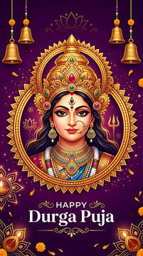 Happy durga puja greeting card with goddess durga illustration