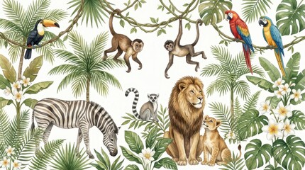 Fototapeta premium Watercolor Jungle Animals and Tropical Plants Illustration with Lion, Zebra, Monkeys, and Exotic Birds on White Background