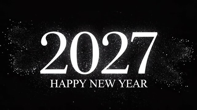 2027 glowing text animation with happy new year wishes in dark background with particle effects cinematic motion