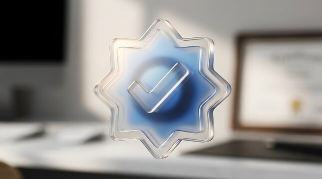 Quality Assurance Concept Glass Star Checkmark Icon Blue Gradient