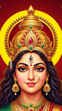 Portrait of goddess durga with ornate gold jewelry and crown