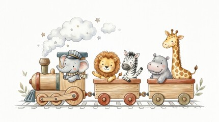 Obraz premium Cute Watercolor Safari Animals on a Toy Train Illustration for Nursery Decor and Kids Room Wall Art