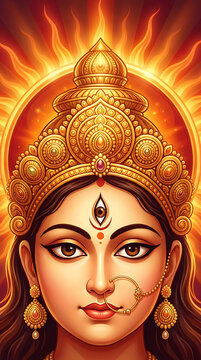 Divine goddess durga portrait with radiant golden crown and third eye