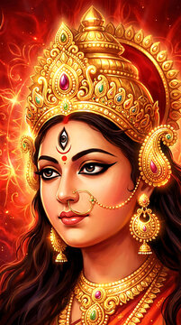 Portrait of goddess durga with divine golden crown and ornate jewelry