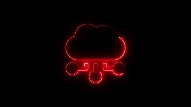 Motion graphics video clip of a glowing red  neon cloud computing icon pulsating on a dark background.A glowing blue neon cloud network icon flickers and pulses with energetic light in this looping 