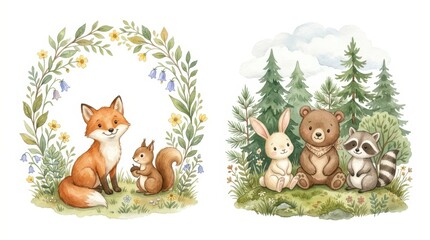 Fototapeta premium Cute Watercolor Woodland Animals Set with Fox Squirrel Bear Rabbit and Raccoon in Forest and Floral Frame Illustrations