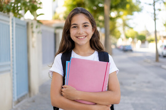 Ni&ntilde;a feliz camino del colegio con carpeta y mochila escolar: primer d&iacute;a de clase, vuelta al cole, educaci&oacute;n, infancia y regreso a la rutina escolar