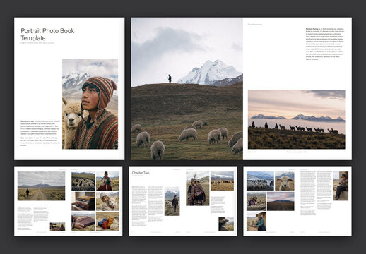 Portrait Photo Book Template for Travel Photography Album & Portfolio Layout