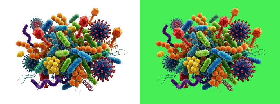 Colorful microscopic virus and bacteria organisms 3D render
