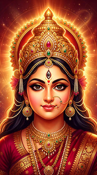 Divine portrait of goddess durga with radiant golden crown and traditional jewelry