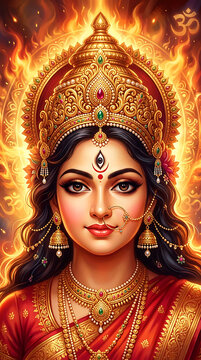 Portrait of goddess durga with radiant golden crown and divine fire background