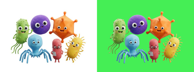 Fototapeta premium Cute cartoon microorganisms characters 3D render
