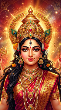 Divine goddess durga portrait with traditional jewelry and ornate crown
