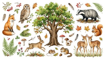 Fototapeta premium Watercolor Forest Animals and Nature Elements Collection with Fox, Owl, Deer, and Oak Tree
