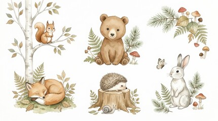 Fototapeta premium Watercolor Woodland Animals Set with Bear Fox Rabbit Squirrel and Hedgehog for Nursery Decor and Scrapbooking