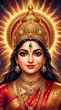 Divine goddess durga portrait with radiant golden crown and traditional jewelry