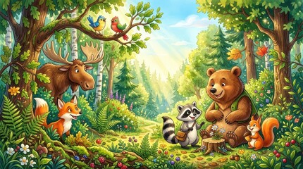 Fototapeta premium Cheerful Cartoon Forest Animals Gathering in a Sunny Woodland Clearing Illustration for Children's Books