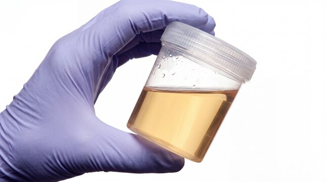 Medical laboratory professional holding a clear plastic specimen container filled with yellow liquid for clinical urine analysis against a bright and plain white studio background