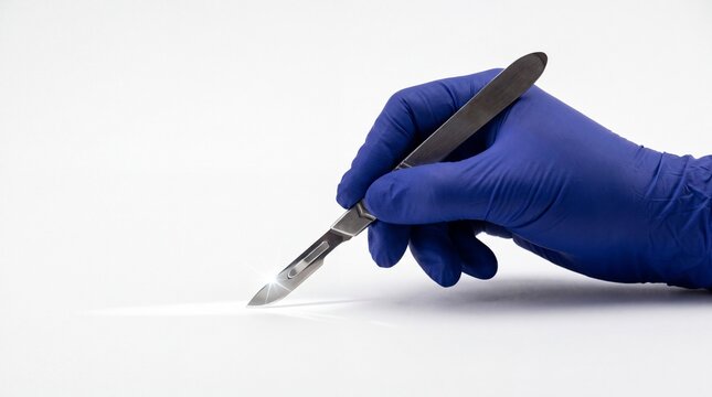 Medical professional wearing a blue latex glove holds a sharp metallic surgical scalpel with precision over a clean white surface during a sterile hospital procedure