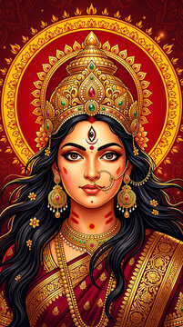 Divine goddess durga portrait with traditional gold jewelry and red saree