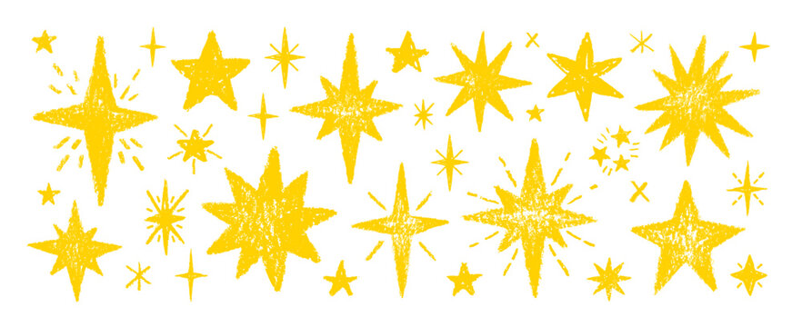 Hand drawn star, pencil crayon brush doodle pattern. Pastel texture color background with star figure. Vector chalk sketch shape. Sticker icon of sparkle figure. Pastel school or Christmas scribble bg