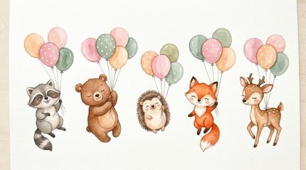 Fototapeta premium Cute Watercolor Woodland Animals Floating with Colorful Balloons Set - Raccoon, Bear, Hedgehog, Fox, and Deer Nursery Illustration