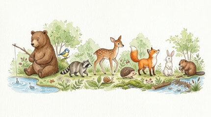 Fototapeta premium Watercolor Forest Animals Illustration with Bear, Deer, Fox, and Raccoon in a Woodland Scene