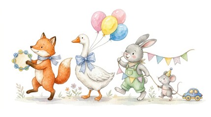 Fototapeta premium Watercolor Illustration of Cute Forest Animals Parade with Fox, Goose, Rabbit, and Mouse for Kids Birthday Party