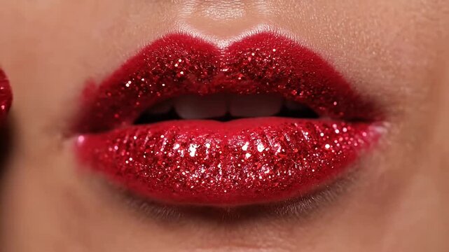 Close-up of glamorous red lips being painted with sparkling glitter lipstick for a festive or