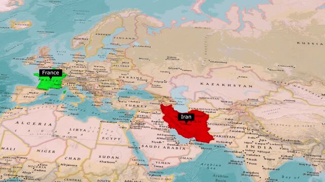 France and Iran Highlighted on World Map with Country Labels and Zoom Animation