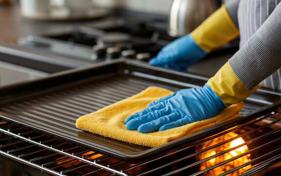 Cleaning an oven tray with a cloth in a kitchen