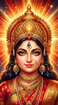 Divine goddess durga portrait with radiant golden aura and traditional jewelry