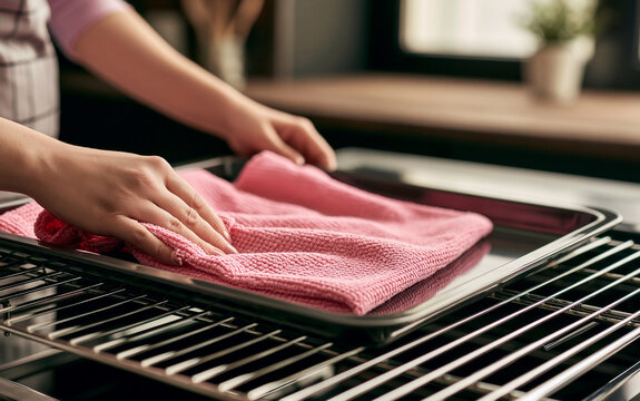 Cleaning an oven tray with a cloth in a kitchen