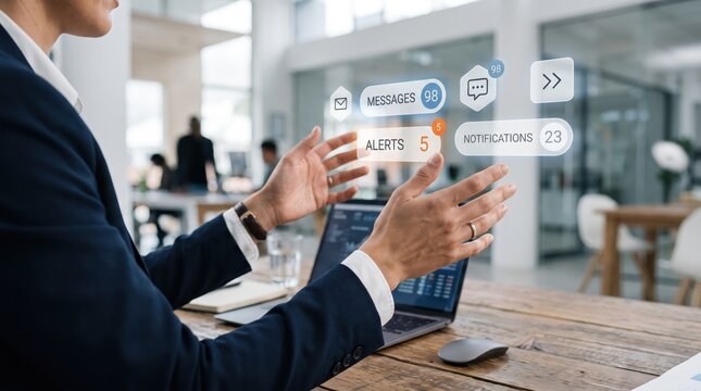 Businesswoman interacting with futuristic hologram interface showing messages and alerts notifications, digital communication, augmented reality technology in modern office