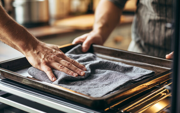 Cleaning an oven tray with a cloth in a kitchen