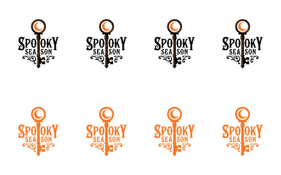 A diverse compilation of spooky season logo designs incorporating crescent moons and detailed ornate decorative elements in a variety of color palettes
