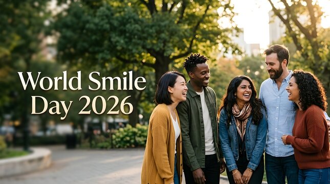 World Smile Day 2026 Group of diverse happy friends posing together in park