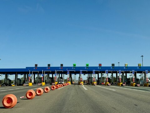 Entrance of toll road in Russia on summer sunny day