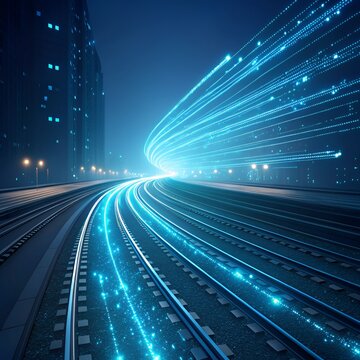 Abstract glowing light trails on train tracks at night with city skyline concept for future transportation