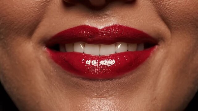 Close-up of luscious, glossy red lips with a slight pout, perfect for beauty and fashion concepts.