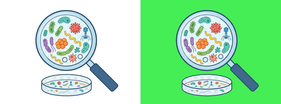 Magnifying glass examining colorful bacteria and virus