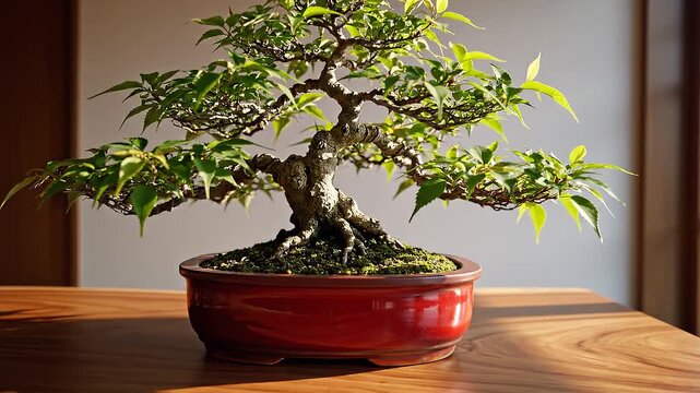 Elegant bonsai tree in a beautiful red ceramic pot placed on a natural wooden table, minimalist luxury interior, warm soft sunlight streaming through a window