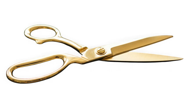 Golden scissors cutting paper with golden light isolated on transparent background