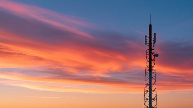 Telecommunication tower silhouette against vibrant sunset sky with orange and pink clouds