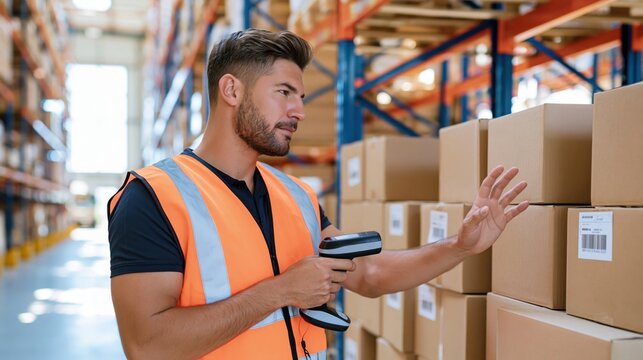 Young male warehouse worker scanning boxes with barcode reader